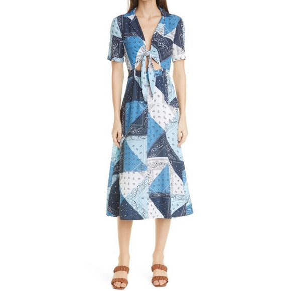 STAUD Dresses & Skirts - 𝅺STAUD Giorgiana Bandana Tie-Waist Shirt Midi Dress Blue Patchwork Cut Out